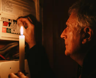 Man with a candle inspecting a dark electrical panel. Emergency Electrical Services