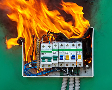 Green electrical circuit breaker box engulfed in bright orange flames and smoke.