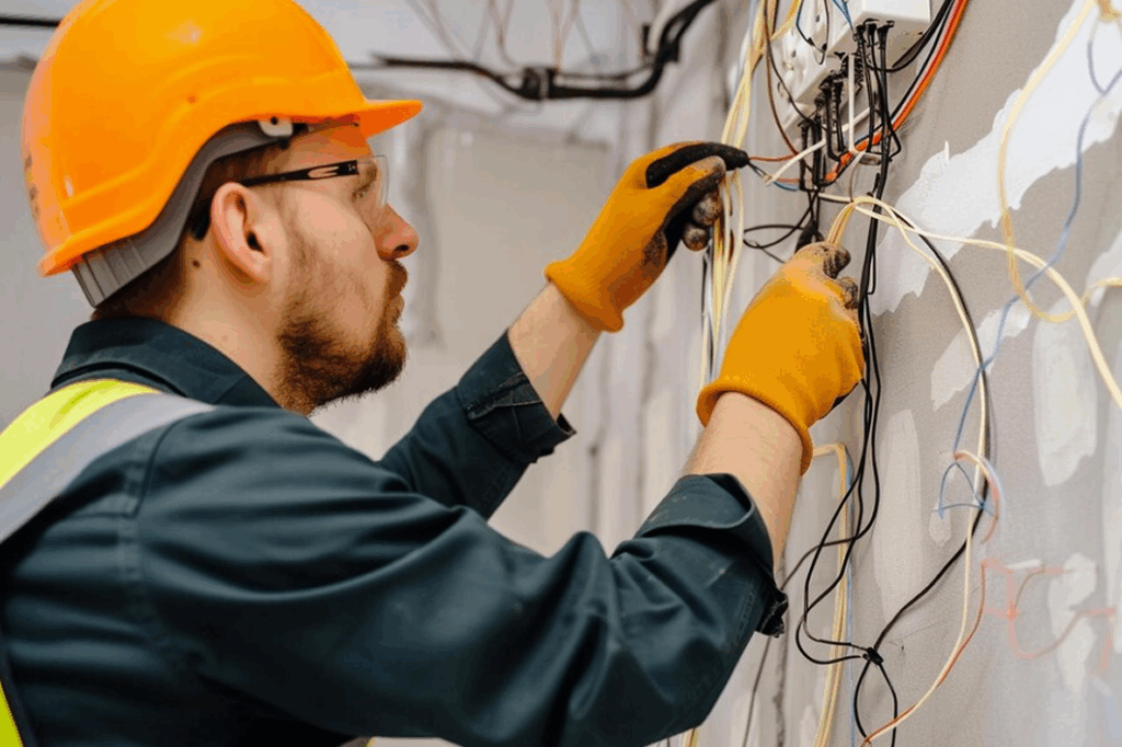Electrician testing electrical panel connections during repair service.