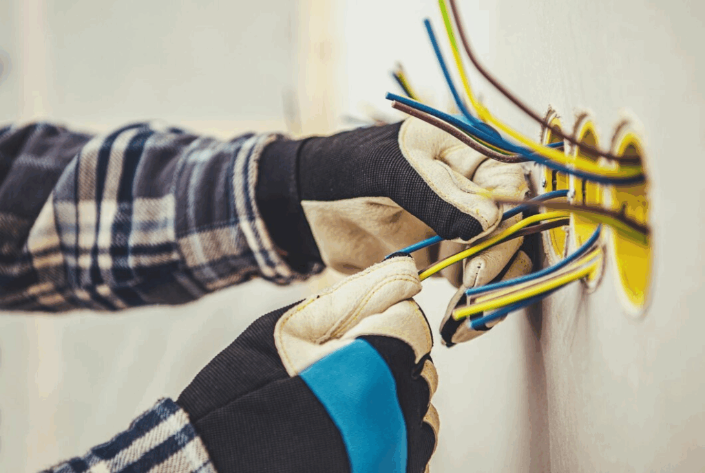 Electrician wearing gloves working with multiple colored electrical wires inside wall sockets.