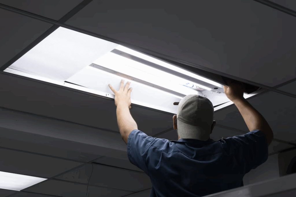 Person installing fluorescent ceiling light.